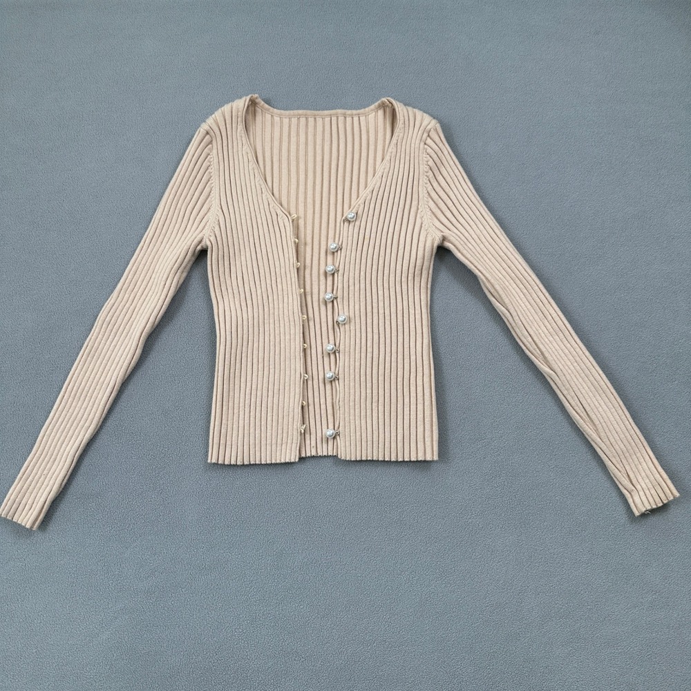 Princess Polly Ribbed Knit Cardigan S Pearl Buttons Fitted Long Sleeve Sweater